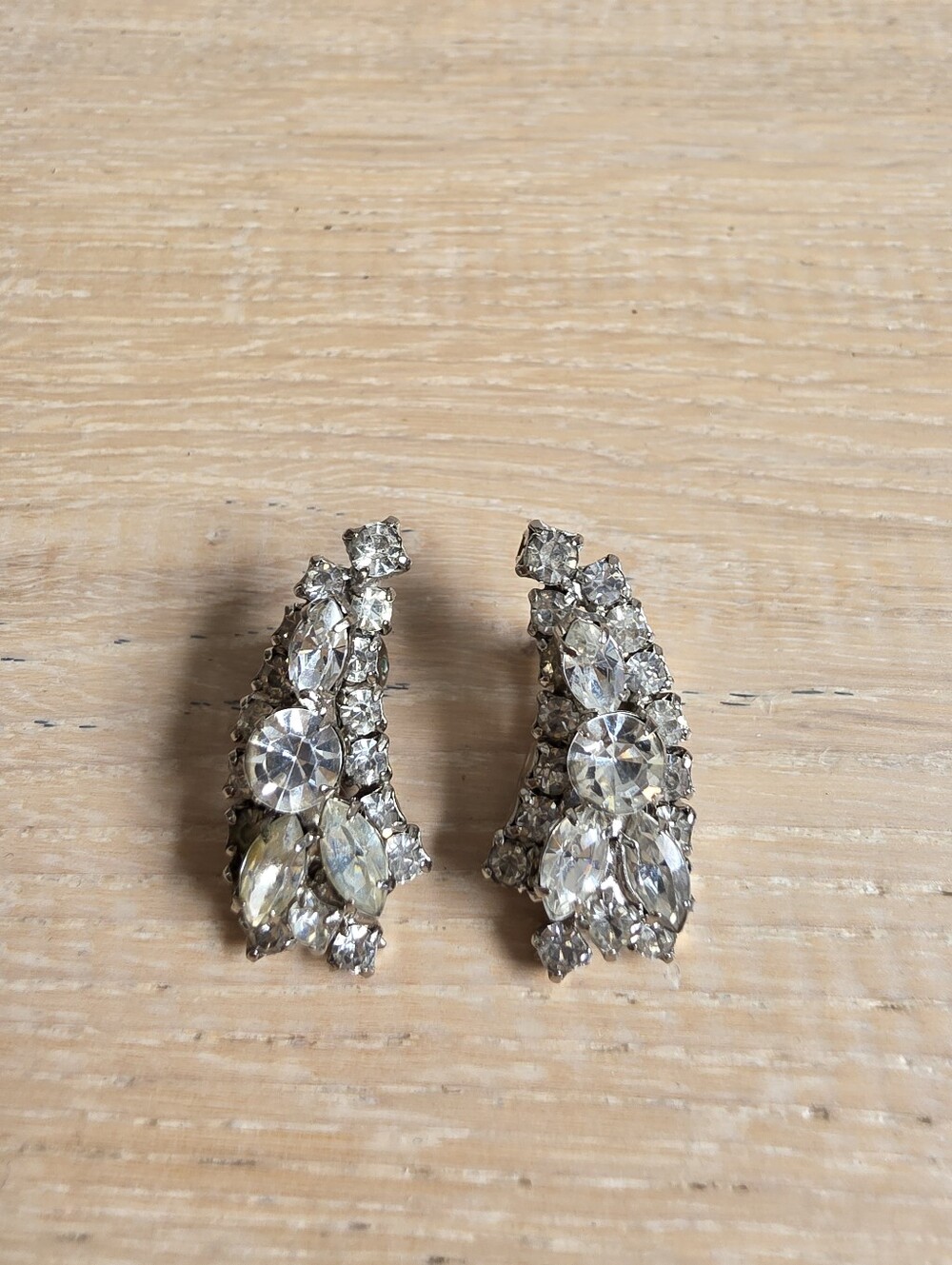 Vintage Crystal Cluster Clip-On Earrings Half Moon